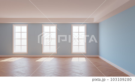 Light Blue Room with a White Ceiling and Cornice, Glossy Herringbone Parquet Floor, Three Large Windows and a White Plinth. Sunny Beautiful Interior. 3D illustration, 8K Ultra HD, 7680x4320, 300 dpi Light Blue Room with a White Ceiling and Cornice, Glossy Herringbone Parquet Floor, Three Large Windows and a White Plinth. Sunny Beautiful Interior. 3D illustration, 8K Ultra HD, 7680x4320, 300 dpi 103109280