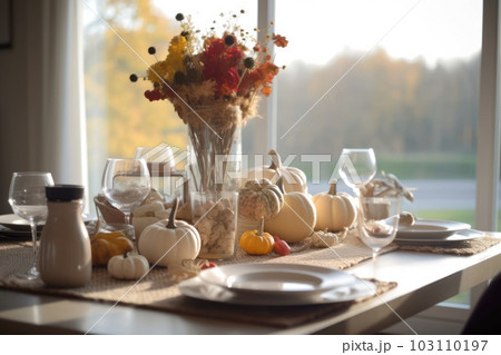 Seasonal table setting with pumpkins and flowers Seasonal table setting with pumpkins and flowers 103110197