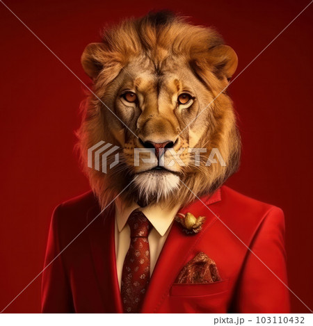 The ultimate predator, dressed in a dapper suit and tie against a red background, exudes confidence, sophistication, and fierce style. AI Generative. The ultimate predator, dressed in a dapper suit and tie against a red background, exudes confidence, sophistication, and fierce style. AI Generative. 103110432
