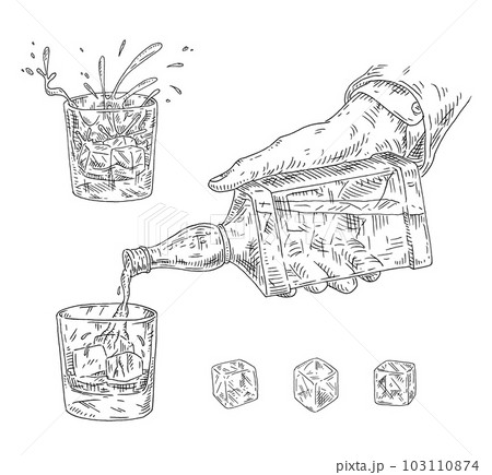 Male hand pours whiskey from bottles into a glass. Vintage vector black engraving 103110874