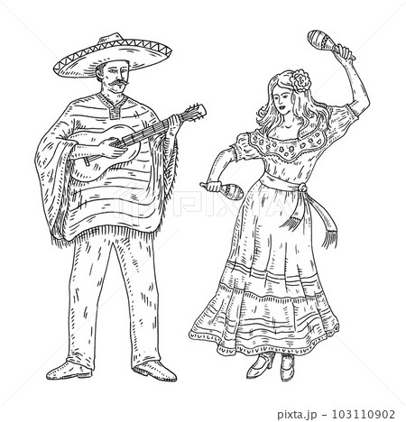 Woman and man dressed in mexican national clothes. Vintage engraving Woman and man dressed in mexican national clothes. Vintage engraving 103110902