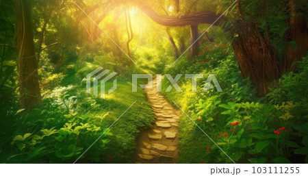 Enchanted forest path in warm summer sunlight...のイラスト素材 [103111255] - PIXTA