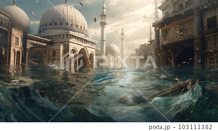 An art composition of a flooded old European city in dark tones. Art Picture of the old buildings after floods. Illustration of a town flooded by water. AI generated An art composition of a flooded old European city in dark tones. Art Picture of the old buildings after floods. Illustration of a town flooded by water. AI generated 103111382