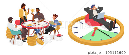 Time Management Concept With Business Team Characters Works At Table Made Of Huge Clock, Cartoon Vector Illustration Time Management Concept With Business Team Characters Works At Table Made Of Huge Clock, Cartoon Vector Illustration 103111690