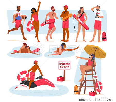 Vigilant, Trained, Watchful Lifeguard Characters Patrolling Sandy Shores, Ensuring Swimmers' Safety, Vector Illustration 103111701