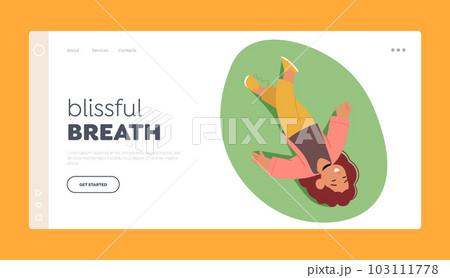Blissful Breath Landing Page Template. Top View Of Little Girl Resting On Green Meadow, Enjoying Nature Blissful Breath Landing Page Template. Top View Of Little Girl Resting On Green Meadow, Enjoying Nature 103111778