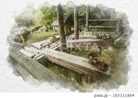 水彩画風　伊万里大川内山　唐臼小屋　佐賀県伊万里市 103111804