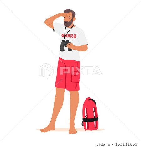Vigilant Lifeguard Male Character Scanning With Binoculars For Potential Dangers And Emergencies, Ensuring Safety Vigilant Lifeguard Male Character Scanning With Binoculars For Potential Dangers And Emergencies, Ensuring Safety 103111805