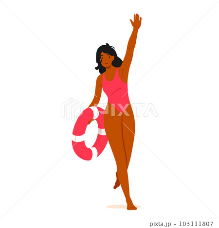 Woman Lifeguard Character, Confident And Vigilant, Holds A Lifebuoy In Hand, Ready To Rescue, Vector Illustration Woman Lifeguard Character, Confident And Vigilant, Holds A Lifebuoy In Hand, Ready To Rescue, Vector Illustration 103111807