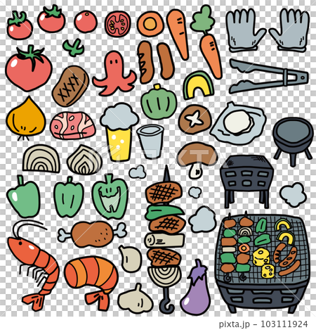 Color illustration set of small items such as ingredients inspired by barbecue Color illustration set of small items such as ingredients inspired by barbecue 103111924