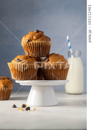 Chocolate chip muffins in a plate, home made pastry dessert 103112461
