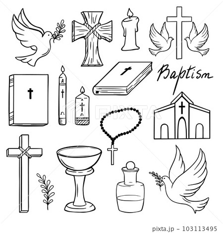 Black set of baptism related icons. Christian religion icons Black set of baptism related icons. Christian religion icons 103113495
