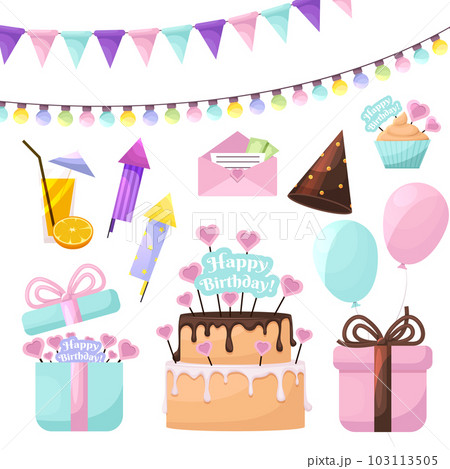 Set of Birthday party elements. Cartoon holiday elements set. Flags or light garlands. Present cake, candle, gift box, cupcake. Festive objects with design elements Set of Birthday party elements. Cartoon holiday elements set. Flags or light garlands. Present cake, candle, gift box, cupcake. Festive objects with design elements 103113505