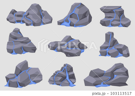 Water spreading over the surface of the stones. Waterfall on different rocky surfaces. Water streams on cracked stone or rocks surface. 103113517