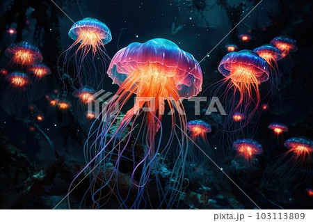 Group of ethereal jellyfish float gracefully through the depths of space, their bioluminescent tentacles illuminating the vast darkness illustration generative ai 103113809