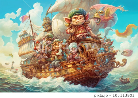 A mischievous pirate monkey sets sail on a banana ship, animal pirate illustration generative ai A mischievous pirate monkey sets sail on a banana ship, animal pirate illustration generative ai 103113903