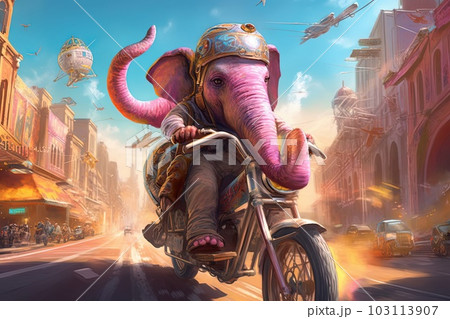 Surreal universe where elephants ride bicycles,exploring uncharted realms illustration generative ai Surreal universe where elephants ride bicycles,exploring uncharted realms illustration generative ai 103113907