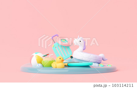 Summer time pink vacation beach with Minimal suitcase luggage, inflatable rings, other elements background concept, Display for Product mockup with summer pink theme. minimal cute design. 3d render. 103114211
