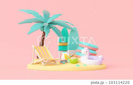 Summer pink vacation beach with Minimal Surfboard, island, elements background concept, Realistic Display for Product mock-up or Cosmetics with summer pink theme. minimal cute design. 3d rendering Summer pink vacation beach with Minimal Surfboard, island, elements background concept, Realistic Display for Product mock-up or Cosmetics with summer pink theme. minimal cute design. 3d rendering 103114220