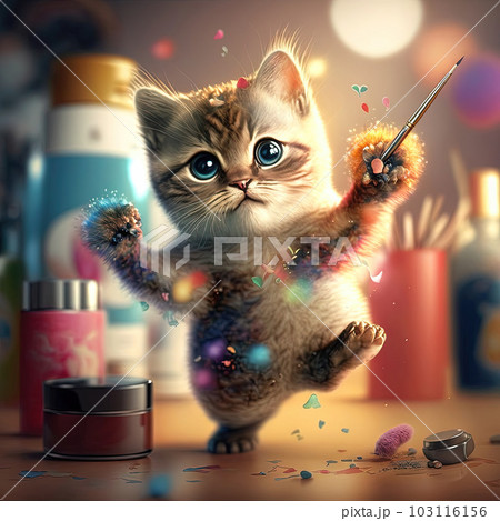 Cute fluffy kitten playing with the makeup. Colorful cosmetics and funny cat. Generated AI. 103116156