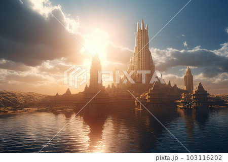 Fantasy city surrounded by river on the sunny landscape. Ancient castle in morning sun rays. Generated AI. 103116202