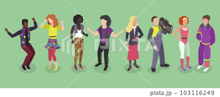 3D Isometric Flat Vector Set of People with 90s Outfit 103116249