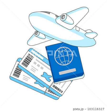 Travel aircraft illustration. Airplane, tickets and passport for tourism advertising. Travel aircraft illustration. Airplane, tickets and passport for tourism advertising. 103116327