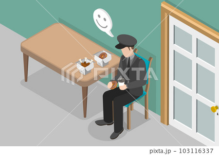 3D Isometric Flat Vector Conceptual Illustration of Security Guard Having Lunch 103116337