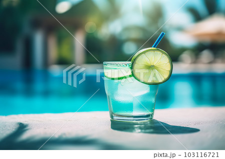 Tropical cocktail on poolside by pool. Generative AI illustration 103116721