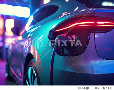 EV Car or Electric car at charging station with the power cable supply plugged in on blurred nature with soft light background. Eco-friendly alternative energy concept 103116744