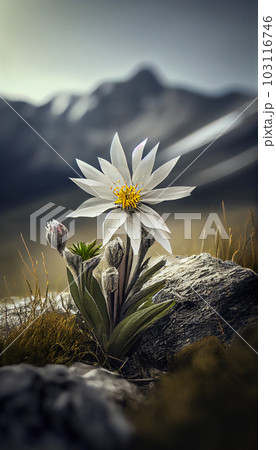 Isolated rare and protected wild flower edelweiss flower (Leontopodium alpinum) growing in natural environment high up in the mountains 103116746