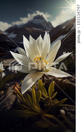 Isolated rare and protected wild flower edelweiss flower (Leontopodium alpinum) growing in natural environment high up in the mountains Isolated rare and protected wild flower edelweiss flower (Leontopodium alpinum) growing in natural environment high up in the mountains 103116747