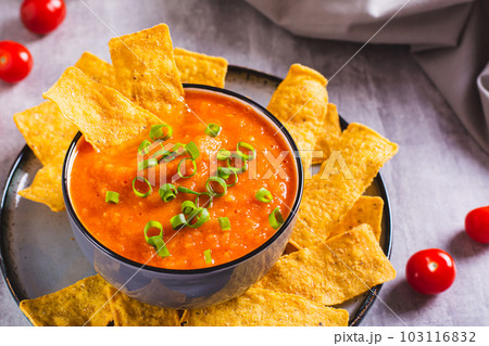 Close-up bowl with mexican tomato salsa sauce with herbs and corn chips on the table 103116832