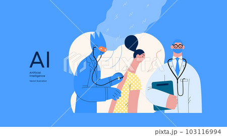 Artificial intelligence, Medicine -modern flat vector concept illustration of AI auscultating patient with stethoscope. Human doctor nearby. Metaphor of AI advantage, superiority and dominance concept Artificial intelligence, Medicine -modern flat vector concept illustration of AI auscultating patient with stethoscope. Human doctor nearby. Metaphor of AI advantage, superiority and dominance concept 103116994