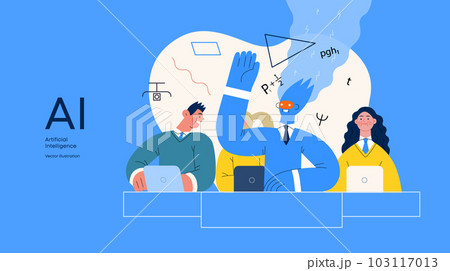 Artificial intelligence illustration. Studies -modern flat vector concept illustration of a group of students in the class. AI metaphor, advantage, superiority and dominance concept 103117013