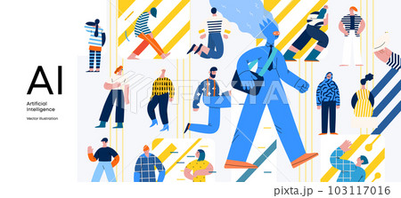 Artificial intelligence, AI and humanity -modern flat vector concept illustration of AI character walking among people in everyday life. Metaphor of AI advantage, benefit, friendliness concept Artificial intelligence, AI and humanity -modern flat vector concept illustration of AI character walking among people in everyday life. Metaphor of AI advantage, benefit, friendliness concept 103117016