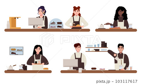 Barista is making hand drip coffee. Barista in apron making Coffee, cappuccino, pouring milk to coffee. Coffee queue, cartoon male an female morning crowd 103117617