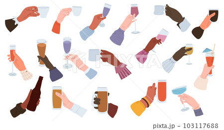 Drinks in hands set. People holding glass of wine or sparkling champagne, pint beer and bar cocktail. Beverages in glass, cup, bottle, wineglass 103117688