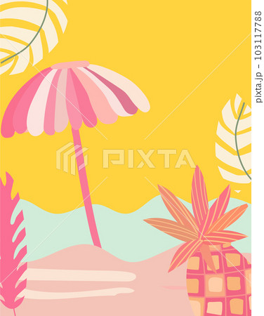 The spirit of summer delights encapsulated. Imagery featuring a coastal panorama, vibrant palm fronds, and a beach umbrella. Posters are ideal for banners, posters, postcards, template. Vector 103117788