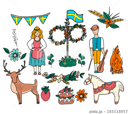 Happy Midsummer vector set. Cartoon swedish traditional dressed characters, horse, deer, wooden may pole, floral garland, cake, sweden flag. Template for Sweden longest summer day holiday banner. 103118057