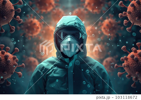 Person in medical mask near virus cells. Generative AI Person in medical mask near virus cells. Generative AI 103118672