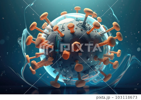 Macro shot of virus cells. Pandemic infection concept. Generative AI 103118673