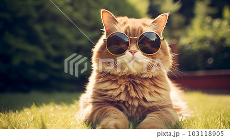 Funny cat in sunglasses in trendy style on street background. Portrait summer. Pet care, generated AI 103118905