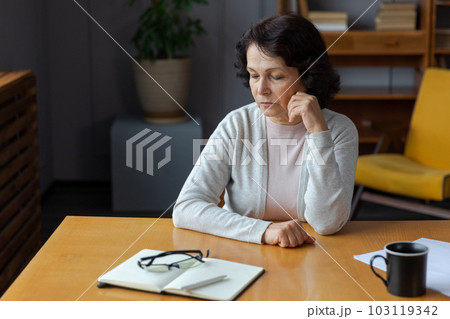 Sad tired ill sick lonely disappointed older senior woman sitting at home alone. Unhappy mature grandmother experiencing grief relative death bad news. Stressed elder lady suffering from loneliness 103119342