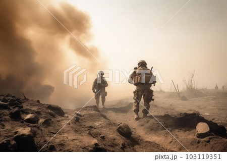 Army soldiers at war in desert. Generative AI 103119351