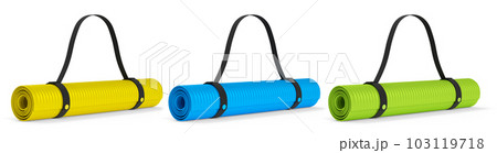Set of yoga mats or lightweight foam camping bed roll pad isolated on white. 103119718