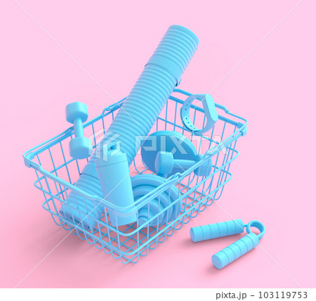 Sport equipment for fitness, gym in shopping basket on monochrome 103119753