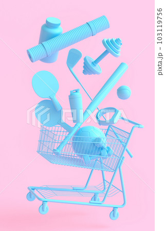 Sport equipment for fitness, gym in shopping cart on monochrome 103119756