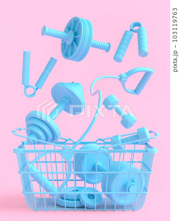 Sport equipment for fitness, gym in shopping basket on monochrome background 103119763