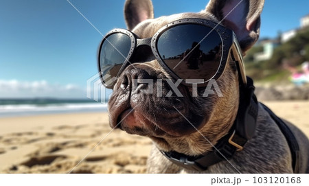 Portrait of a French bulldog with sunglasses on the sea and the beach background, Generated AI 103120168